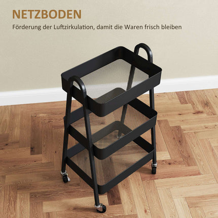 Black 3-story kitchen trolley with wheels and brake