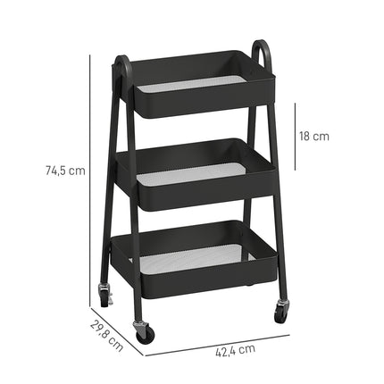 Black 3-story kitchen trolley with wheels and brake