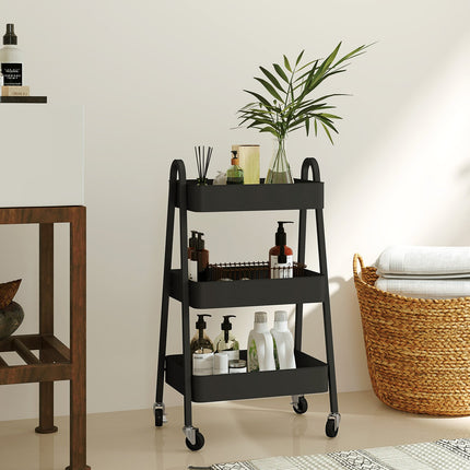 Black 3-story kitchen trolley with wheels and brake