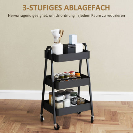 Black 3-story kitchen trolley with wheels and brake