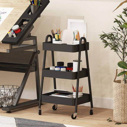 Black 3-story kitchen trolley with wheels and brake