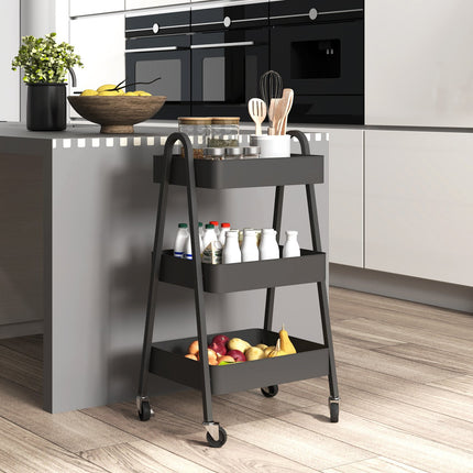 Black 3-story kitchen trolley with wheels and brake