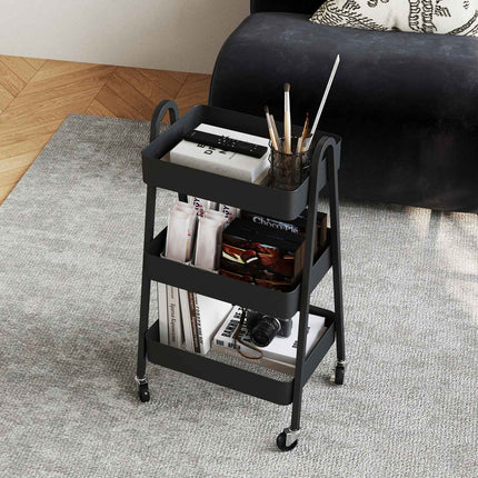 Black 3-story kitchen trolley with wheels and brake