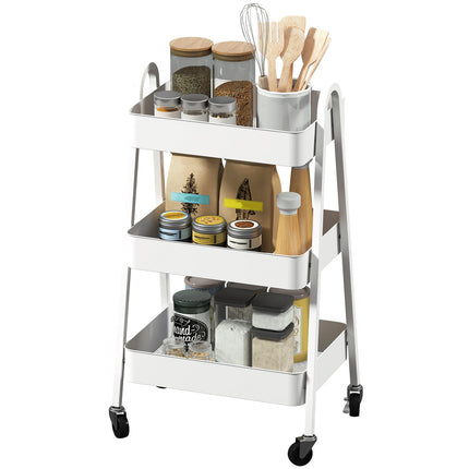 White 3-story kitchen trolley with wheels and brakes
