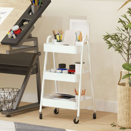 White 3-story kitchen trolley with wheels and brakes