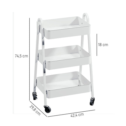 White 3-story kitchen trolley with wheels and brakes
