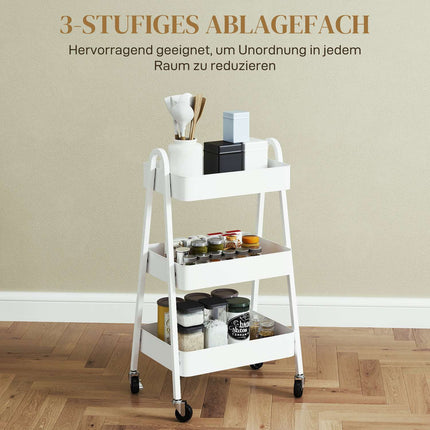 White 3-story kitchen trolley with wheels and brakes