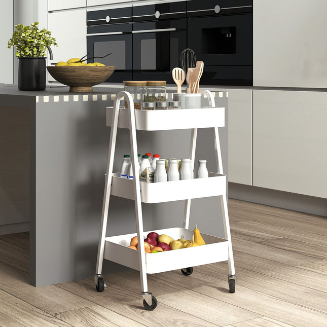 White 3-story kitchen trolley with wheels and brakes