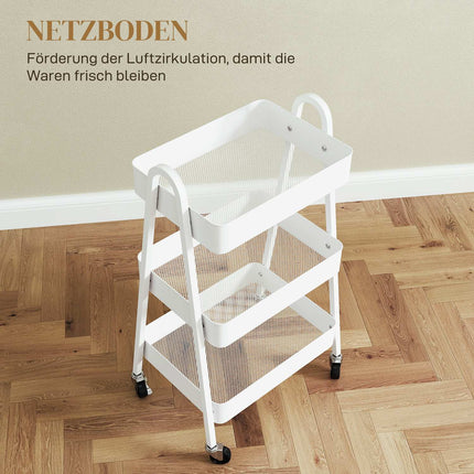 White 3-story kitchen trolley with wheels and brakes