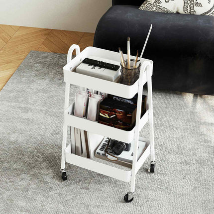 White 3-story kitchen trolley with wheels and brakes