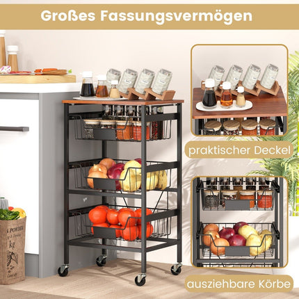 Serving trolley with wheels Vegetable rack with extendable baskets Trolley with 4 levels 42 x 31 x 74 cm