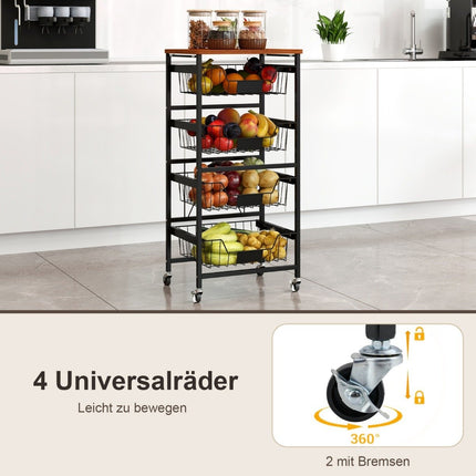 Serving trolley with wheels, vegetable rack with pull-out baskets for kitchen, dining room, 42 x 31 x 89 cm