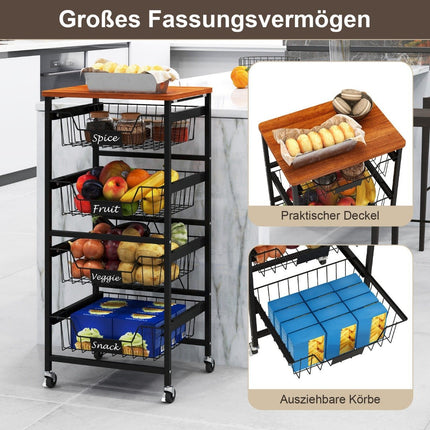 Serving trolley with wheels, vegetable rack with pull-out baskets for kitchen, dining room, 42 x 31 x 89 cm