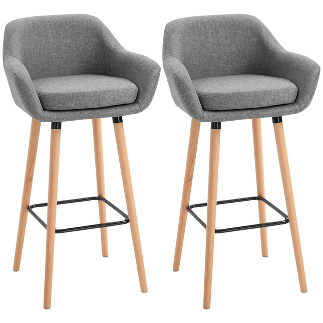 Set of 2 gray barstools, linen cushions, footrest