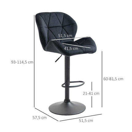 Set of 2 black swivel barstools, velvet, adjustable height