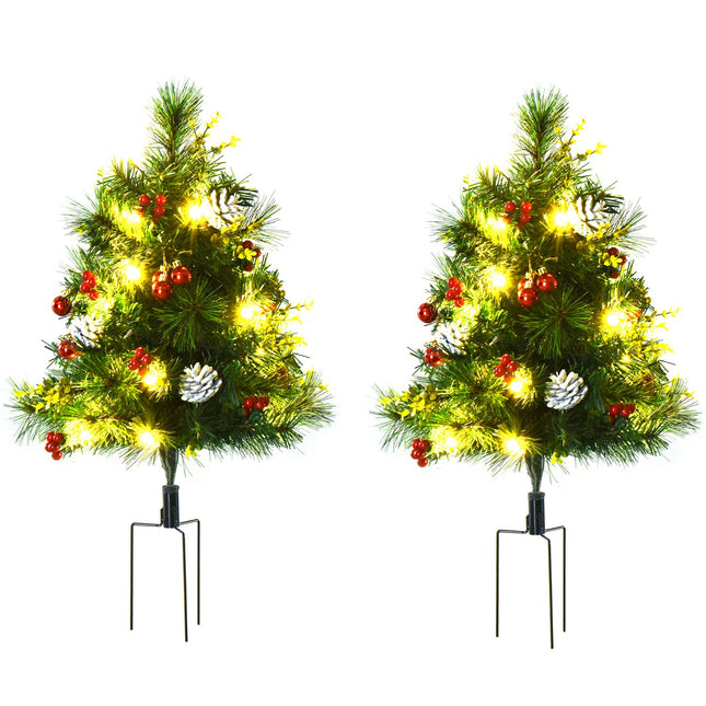 Set of 2 mini Christmas trees with cones and LED lights