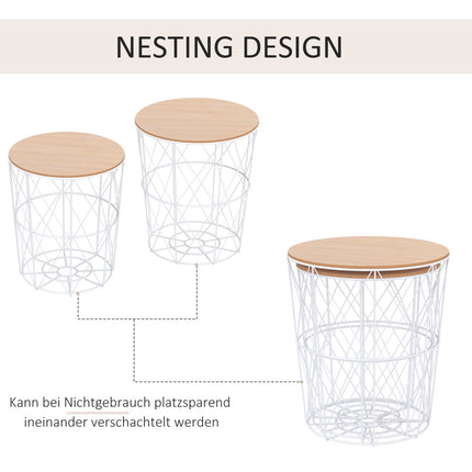 Set of 2 round coffee tables, natural & white MDF, metal