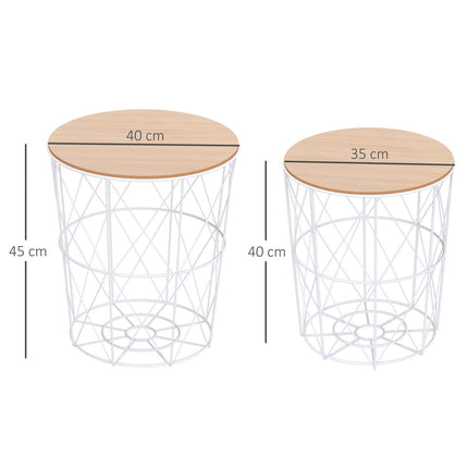 Set of 2 round coffee tables, natural & white MDF, metal