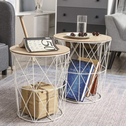 Set of 2 round coffee tables, natural & white MDF, metal