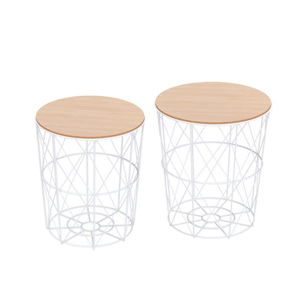 Set of 2 round coffee tables, natural & white MDF, metal