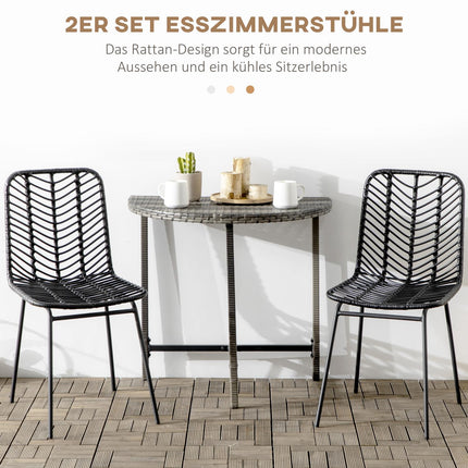 Set of 2 dining chairs in black rattan with backrest