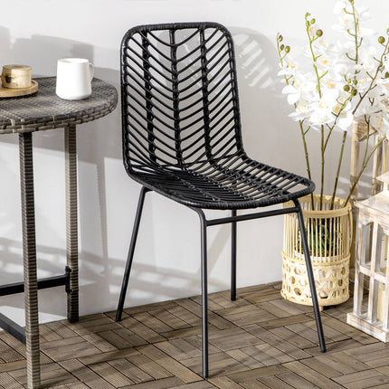 Set of 2 dining chairs in black rattan with backrest