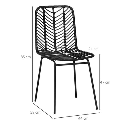 Set of 2 dining chairs in black rattan with backrest
