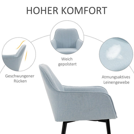 Set of 2 upholstered dining chairs, linen, blue, metal legs