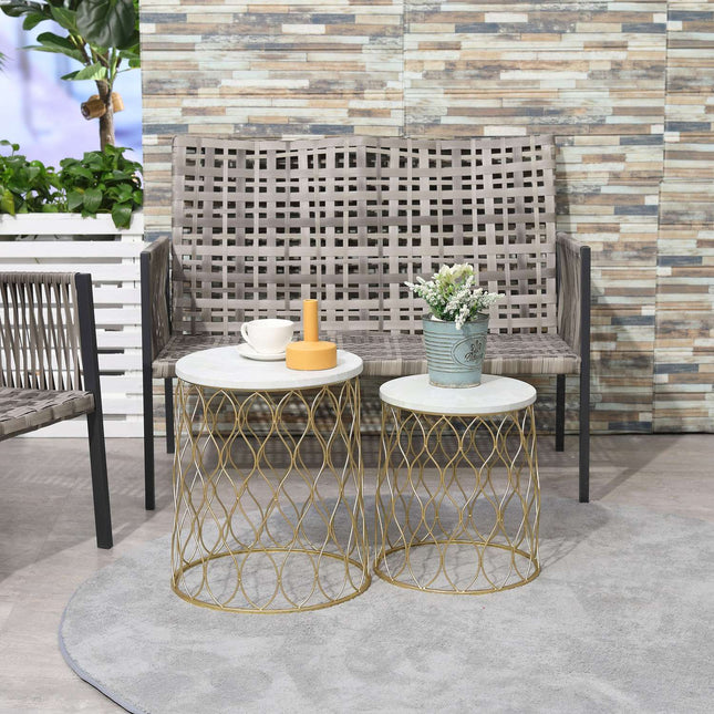 Set of 2 metal outdoor side tables, gold & white design