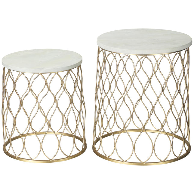 Set of 2 metal outdoor side tables, gold & white design