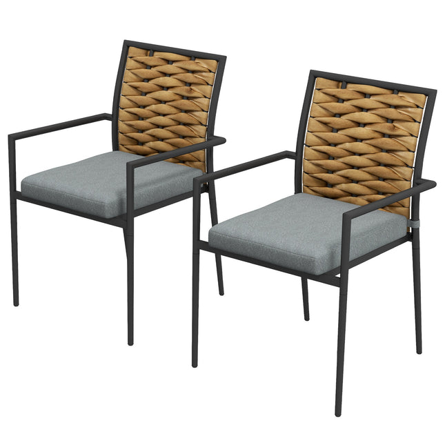 Stackable rattan garden chairs with 2 cushions, gray