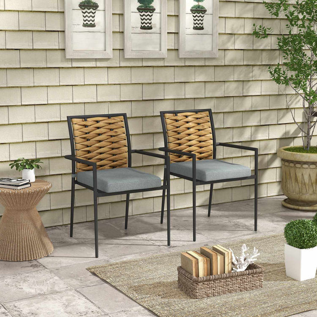Stackable rattan garden chairs with 2 cushions, gray