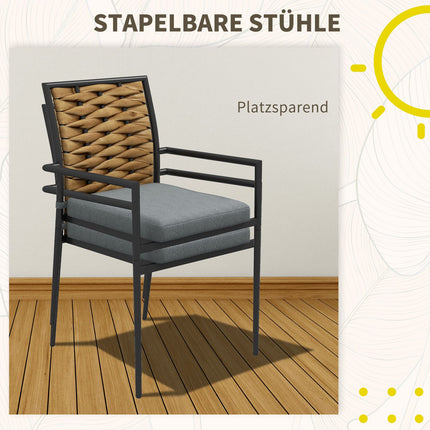 Stackable rattan garden chairs with 2 cushions, gray
