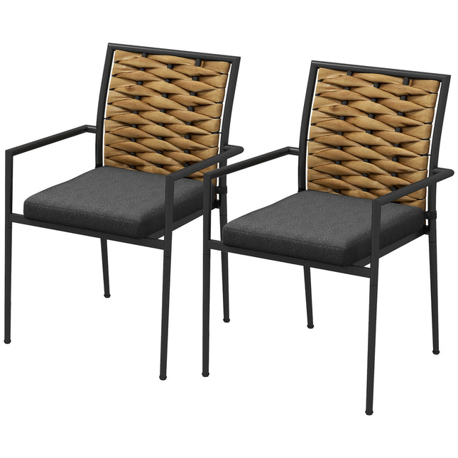 Rattan garden chairs, stackable with cushions, black