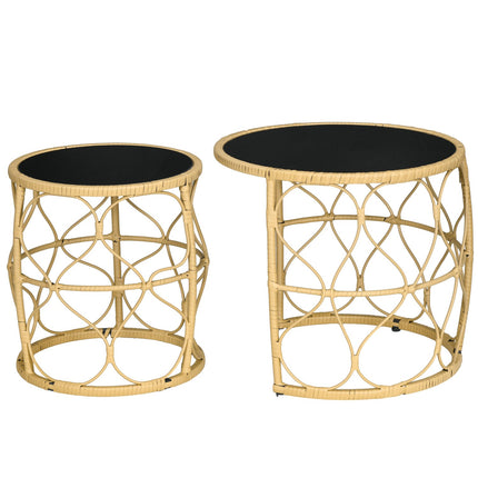 Rattan side table, set of 2, stackable glass top