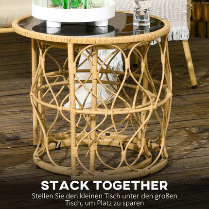 Rattan side table, set of 2, stackable glass top
