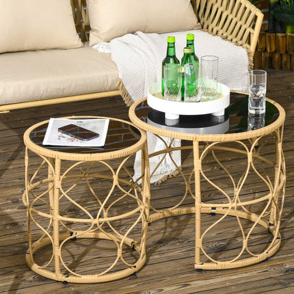 Rattan side table, set of 2, stackable glass top
