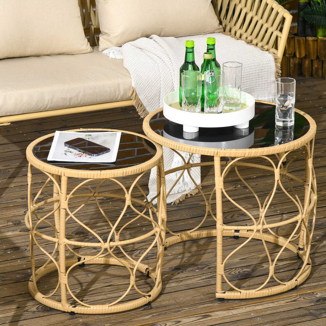 Rattan side table, set of 2, stackable glass top