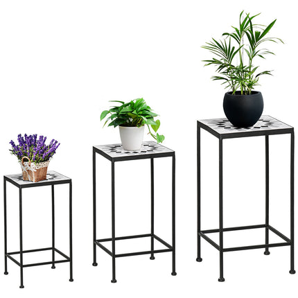 Set of 3 plant stands in black and gray metal with ceramic tops