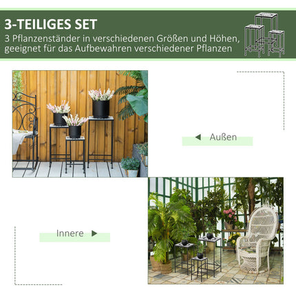 Set of 3 plant stands in black and gray metal with ceramic tops