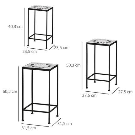 Set of 3 plant stands in black and gray metal with ceramic tops