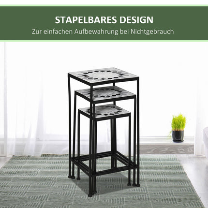 Set of 3 plant stands in black and gray metal with ceramic tops