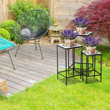 Set of 3 plant stands in black and gray metal with ceramic tops