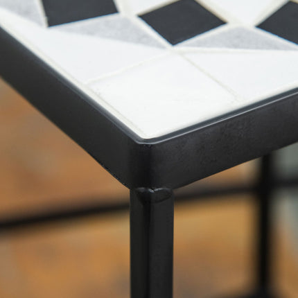 Set of 3 plant stands in black and gray metal with ceramic tops