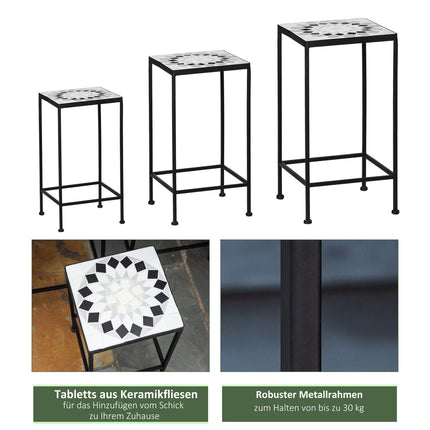 Set of 3 plant stands in black and gray metal with ceramic tops