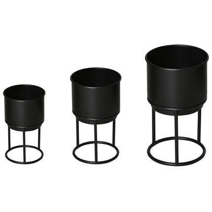 Set of 3 black stackable flower stands with pots