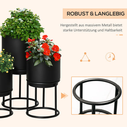 Set of 3 black stackable flower stands with pots