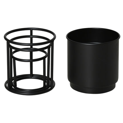 Set of 3 black stackable flower stands with pots