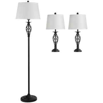Vintage black & white lamp set - 2 tables, 1 floor lamp