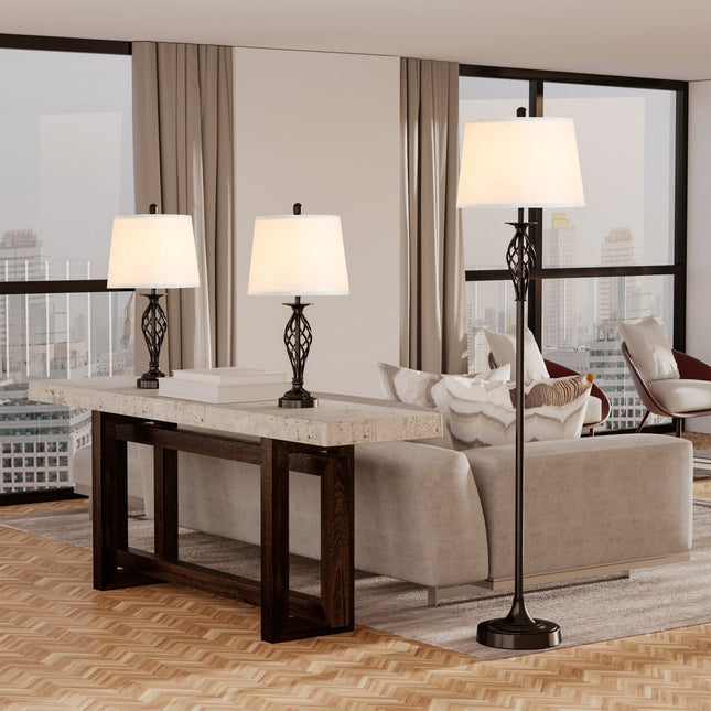 Vintage black & white lamp set - 2 tables, 1 floor lamp
